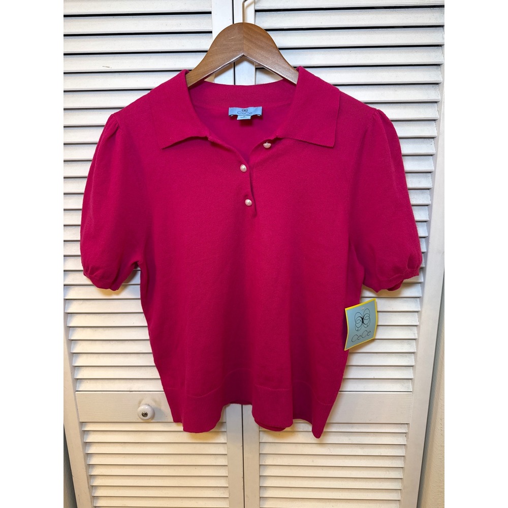CeCe Womens Hot Pink Short Puff Sleeve Polo Sweater Pearl Buttons Size M NEW
